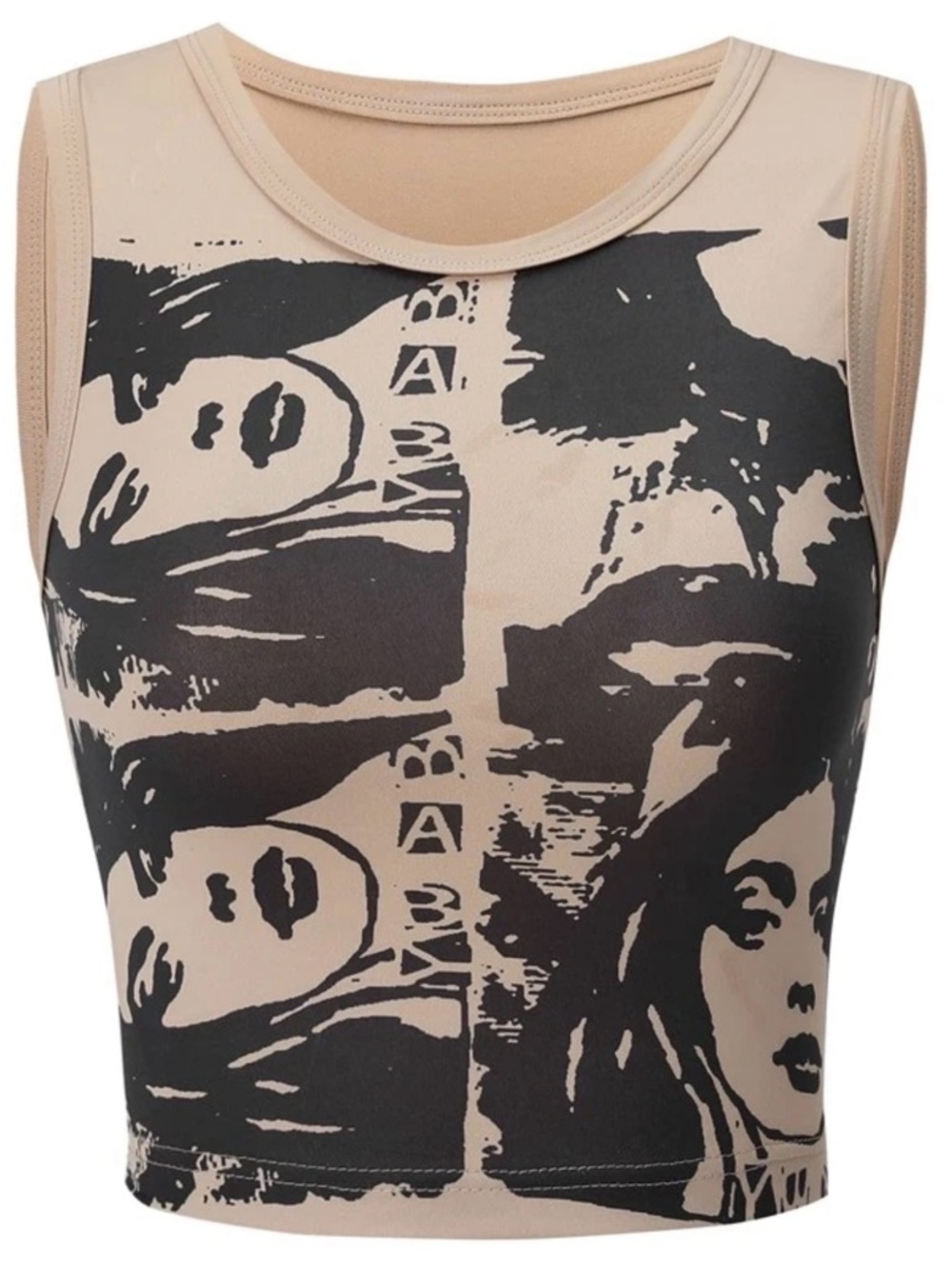 SHEIN Beige & Black Graphic Sleeveless Crop Top